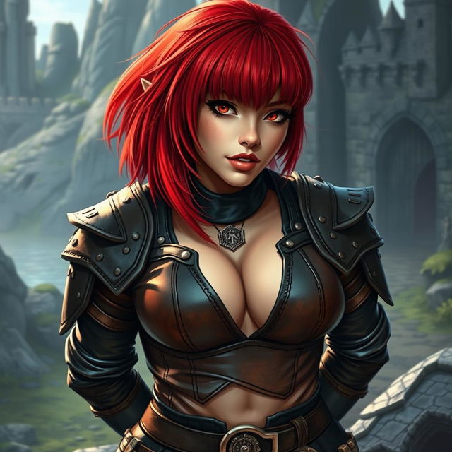 A sexy fantasy dwarf character with vibrant red hair styled in a long asymmetrical bob featuring heavy and blunt bangs