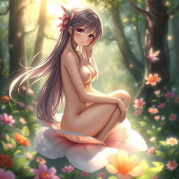 A beautifully designed nude anime girl with long flowing hair, sitting gracefully on a flower petal in a serene, magical forest
