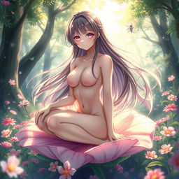 A beautifully designed nude anime girl with long flowing hair, sitting gracefully on a flower petal in a serene, magical forest