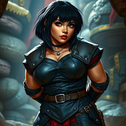 A curvy female dwarf with tan skin and black hair, styled in a long asymmetrical bob with heavy, blunt bangs