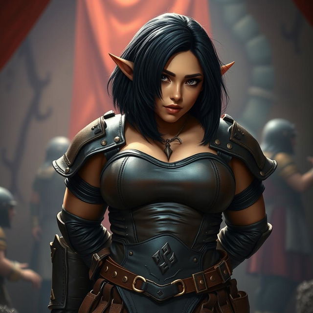 A curvy female dwarf with tan skin and black hair, styled in a long asymmetrical bob with heavy, blunt bangs