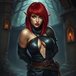 A fantasy medieval scene featuring a sexy, curvy dwarf woman with striking red hair styled in a long asymmetrical bob with heavy and blunt bangs
