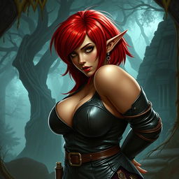 A fantasy medieval scene featuring a sexy, curvy dwarf woman with striking red hair styled in a long asymmetrical bob with heavy and blunt bangs