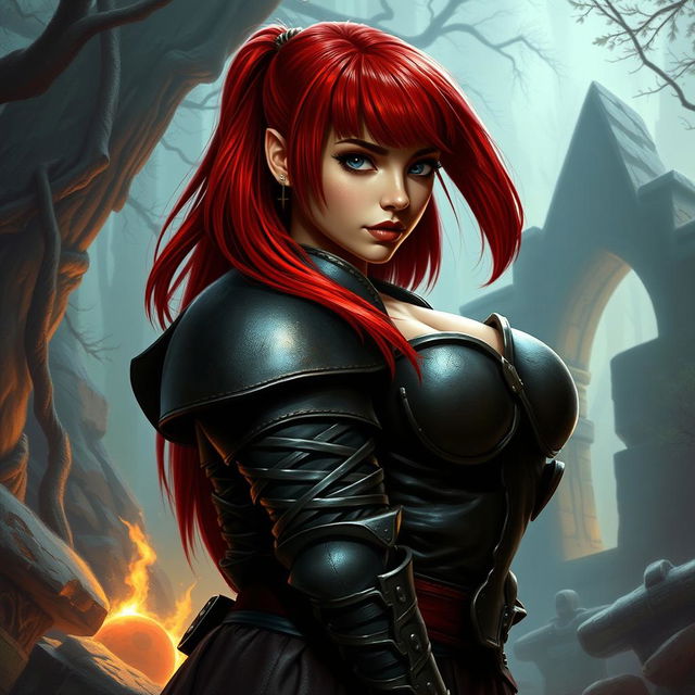 A fantasy medieval scene featuring a sexy, curvy dwarf woman with striking red hair styled in a long asymmetrical bob with heavy and blunt bangs