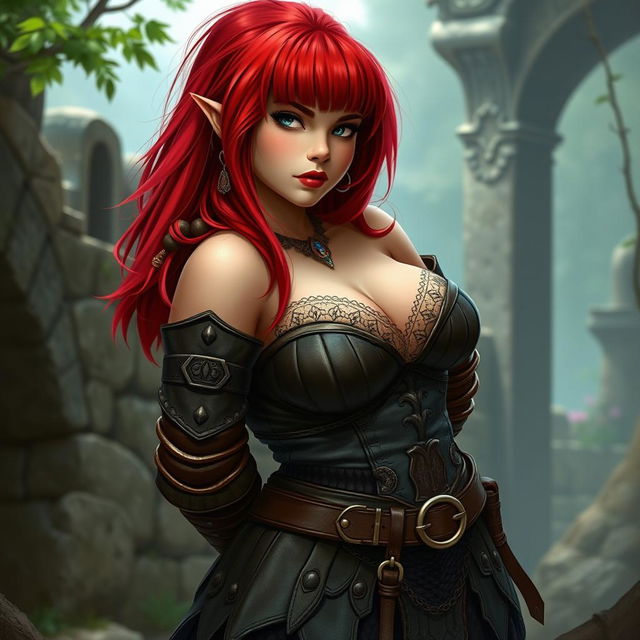 A curvy female dwarf with vibrant red hair styled in a long asymmetrical bob with heavy blunt bangs