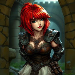 A curvy female dwarf with vibrant red hair styled in a long asymmetrical bob with heavy blunt bangs