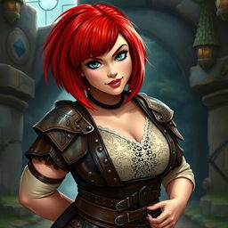A curvy female dwarf with vibrant red hair styled in a long asymmetrical bob with heavy blunt bangs