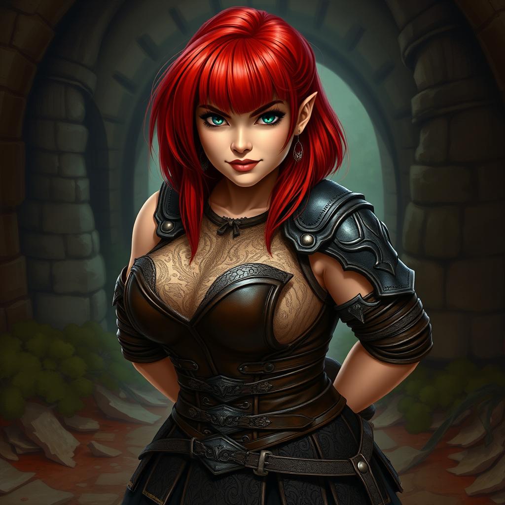 A curvy female dwarf with vibrant red hair styled in a long asymmetrical bob with heavy blunt bangs