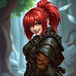 A curvy female dwarf with red hair styled in a long asymmetrical bob with heavy, blunt bangs, and a high ponytail, wearing detailed leather armor that emphasizes her wide hips and broad shoulders