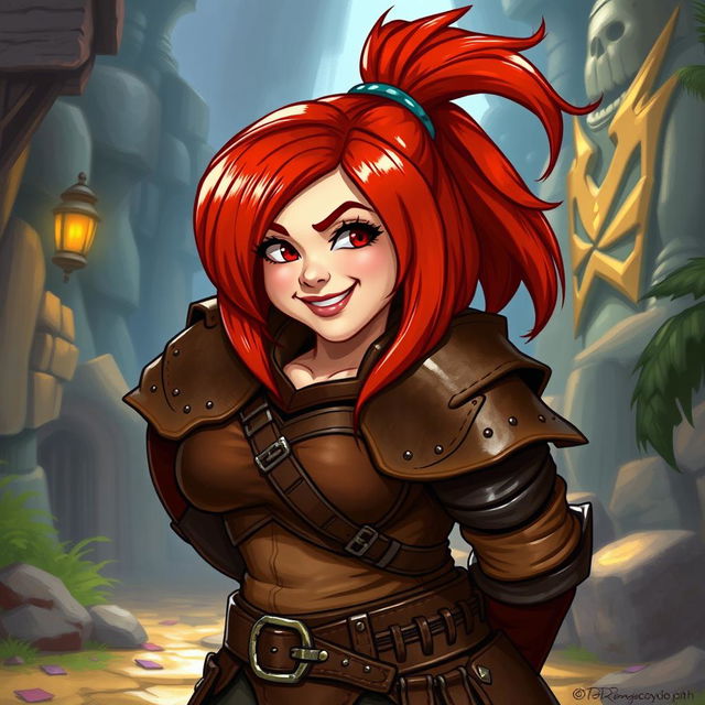 A curvy female dwarf with red hair styled in a long asymmetrical bob with heavy, blunt bangs, and a high ponytail, wearing detailed leather armor that emphasizes her wide hips and broad shoulders