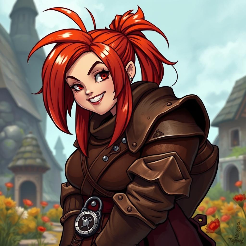 A curvy female dwarf with red hair styled in a long asymmetrical bob with heavy, blunt bangs, and a high ponytail, wearing detailed leather armor that emphasizes her wide hips and broad shoulders