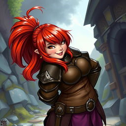 A curvy female dwarf with red hair styled in a long asymmetrical bob with heavy, blunt bangs, and a high ponytail, wearing detailed leather armor that emphasizes her wide hips and broad shoulders