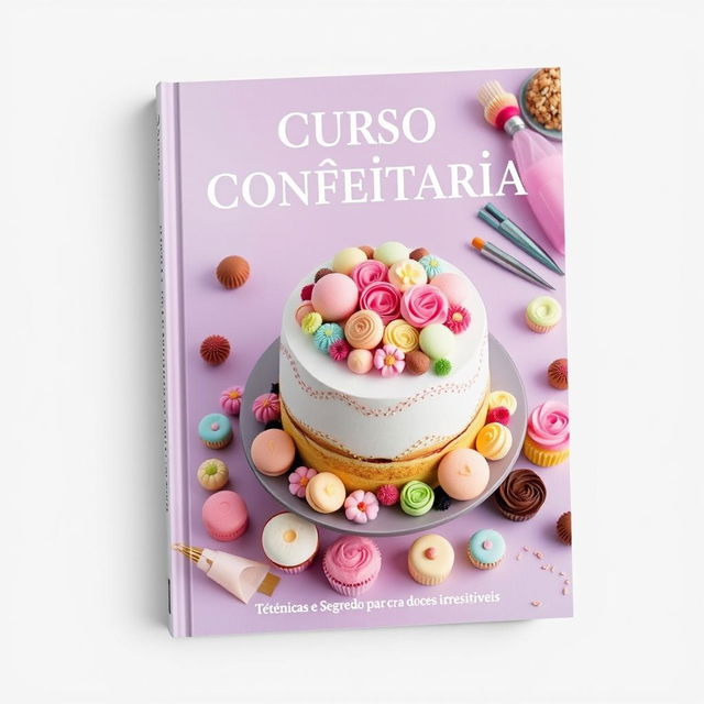 A beautifully designed book cover for 'Curso Confeitaria: Técnicas e Segredos para Criar Doces Irresistíveis'