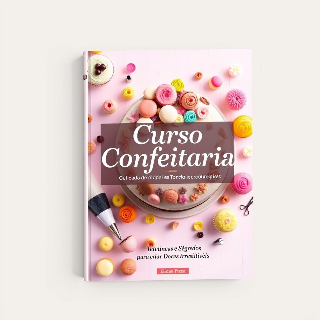 A beautifully designed book cover for 'Curso Confeitaria: Técnicas e Segredos para Criar Doces Irresistíveis'