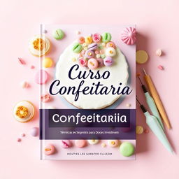 A beautifully designed book cover for 'Curso Confeitaria: Técnicas e Segredos para Criar Doces Irresistíveis'