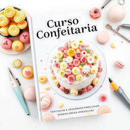 A beautifully designed book cover for 'Curso Confeitaria: Técnicas e Segredos para Criar Doces Irresistíveis'