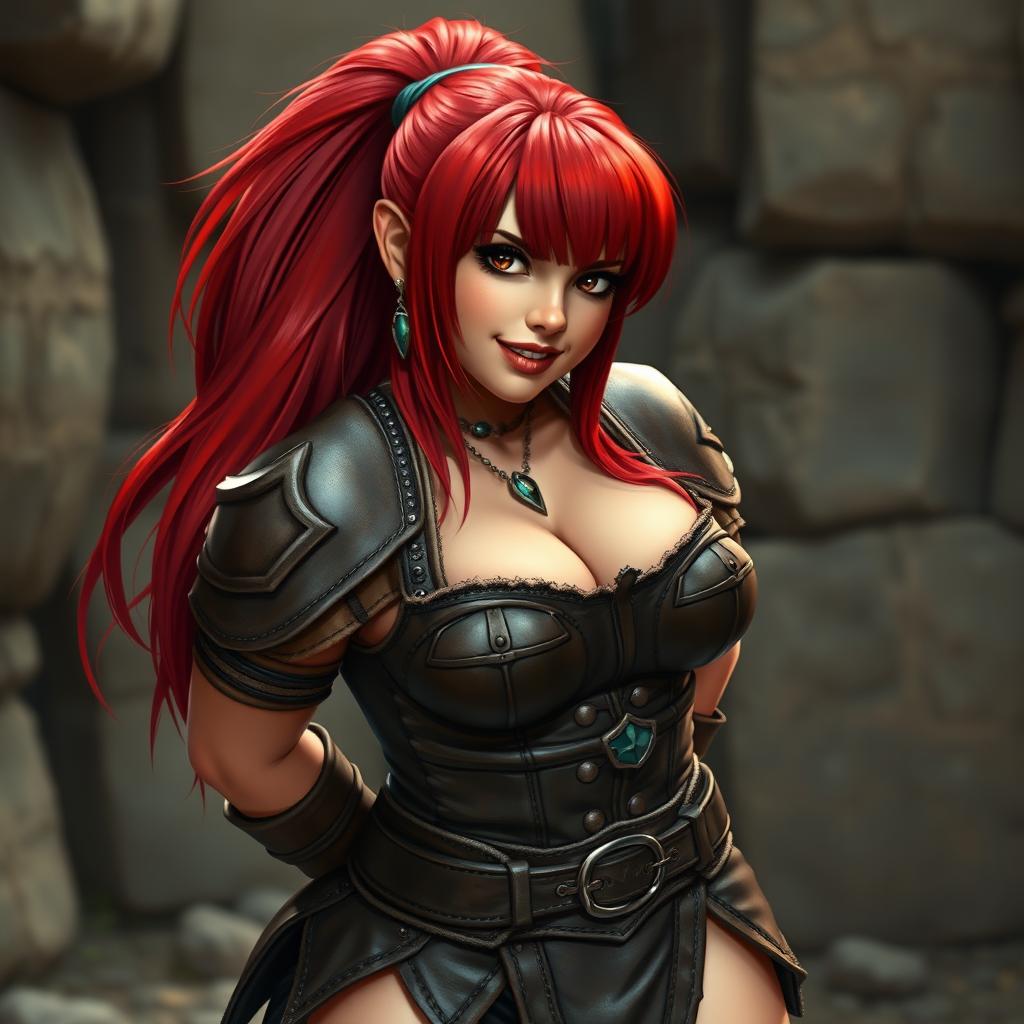 A curvy dwarf woman with striking red hair, styled in a long asymmetrical bob with heavy blunt bangs and a high ponytail