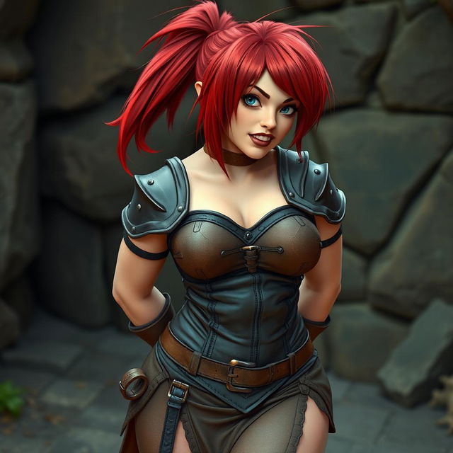 A curvy dwarf woman with striking red hair, styled in a long asymmetrical bob with heavy blunt bangs and a high ponytail