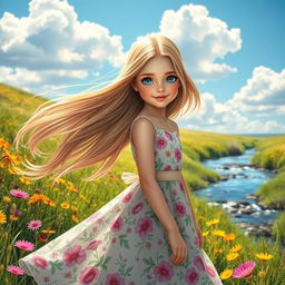 A stunningly beautiful girl with long flowing hair, sparkling blue eyes, and a radiant smile