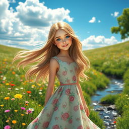 A stunningly beautiful girl with long flowing hair, sparkling blue eyes, and a radiant smile