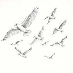 A dynamic pencil sketch of a flock of birds in flight, showcasing various species with their wings spread wide and graceful movements captured mid-air