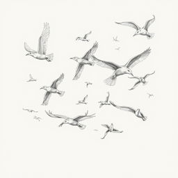 A dynamic pencil sketch of a flock of birds in flight, showcasing various species with their wings spread wide and graceful movements captured mid-air