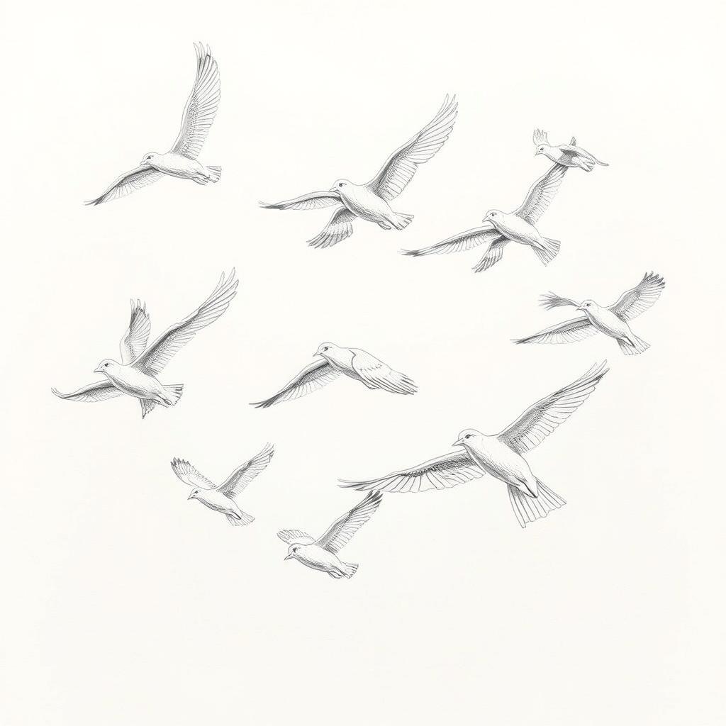 A dynamic pencil sketch of a flock of birds in flight, showcasing various species with their wings spread wide and graceful movements captured mid-air