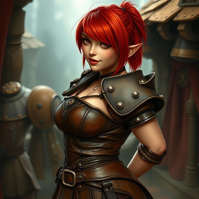 A sexy and curvy female dwarf with striking red hair styled in a long asymmetrical bob with heavy, blunt bangs and one side shaved