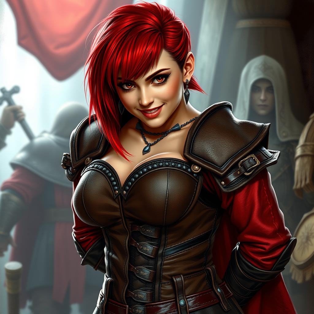 A sexy and curvy female dwarf with striking red hair styled in a long asymmetrical bob with heavy, blunt bangs and one side shaved