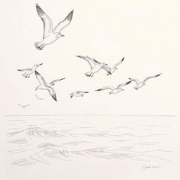 An intricate pencil sketch of a flock of seagulls in mid-flight, showcasing their iconic silhouettes against a sophisticated background