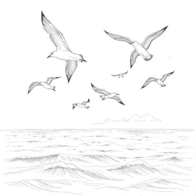 An intricate pencil sketch of a flock of seagulls in mid-flight, showcasing their iconic silhouettes against a sophisticated background