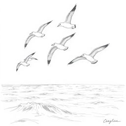 An intricate pencil sketch of a flock of seagulls in mid-flight, showcasing their iconic silhouettes against a sophisticated background