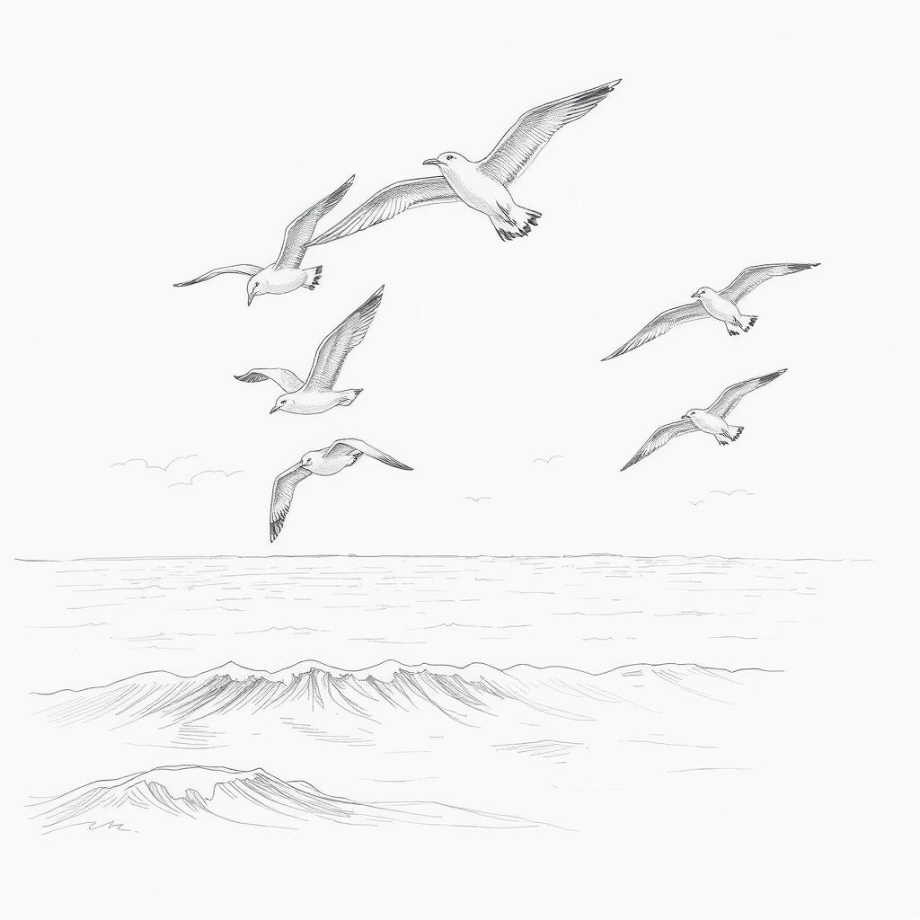 An intricate pencil sketch of a flock of seagulls in mid-flight, showcasing their iconic silhouettes against a sophisticated background