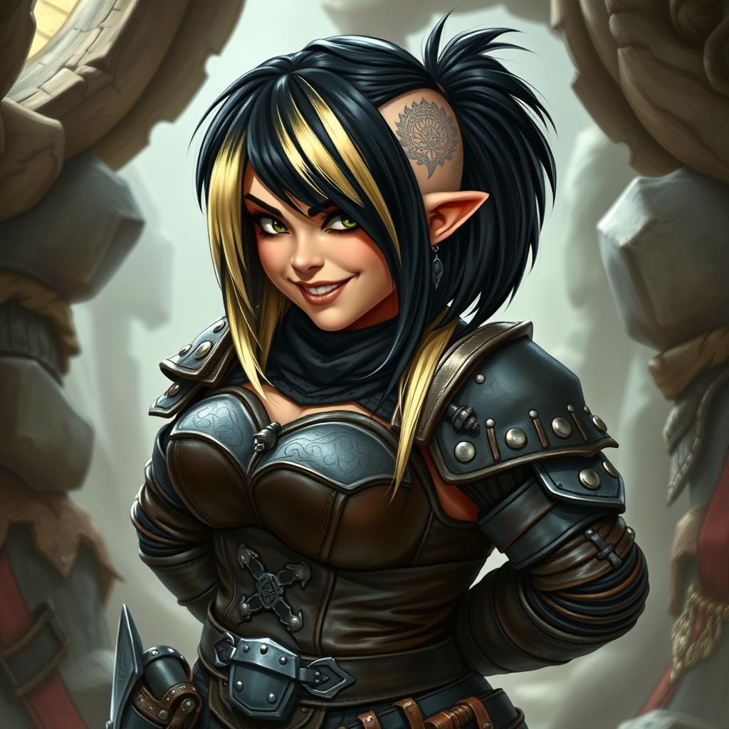 A curvy dwarf woman with black hair featuring striking blonde tips, dressed in intricate leather armor that includes a stylish corset, embracing a fantasy medieval theme