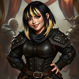 A curvy dwarf woman with black hair featuring striking blonde tips, dressed in intricate leather armor that includes a stylish corset, embracing a fantasy medieval theme