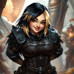 A curvy dwarf woman with black hair featuring striking blonde tips, dressed in intricate leather armor that includes a stylish corset, embracing a fantasy medieval theme
