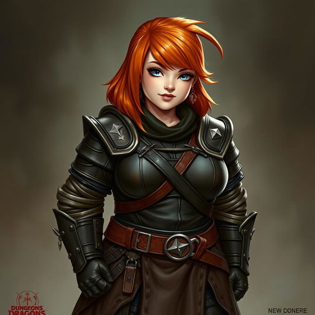 A curvy female dwarf with ginger hair styled in a long asymmetrical bob with heavy and blunt bangs, showcasing a shaved side of her head