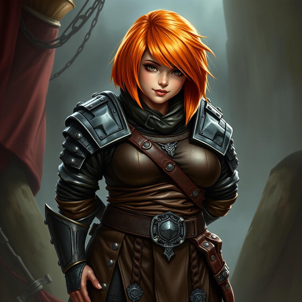 A curvy female dwarf with ginger hair styled in a long asymmetrical bob with heavy and blunt bangs, showcasing a shaved side of her head