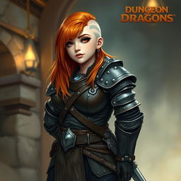 A curvy female dwarf with ginger hair styled in a long asymmetrical bob with heavy and blunt bangs, showcasing a shaved side of her head