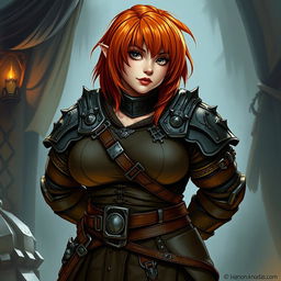 A curvy female dwarf with ginger hair styled in a long asymmetrical bob with heavy and blunt bangs, showcasing a shaved side of her head
