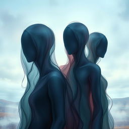 A stunning piece of digital art depicting faceless figures that embody a sense of mystery and intrigue