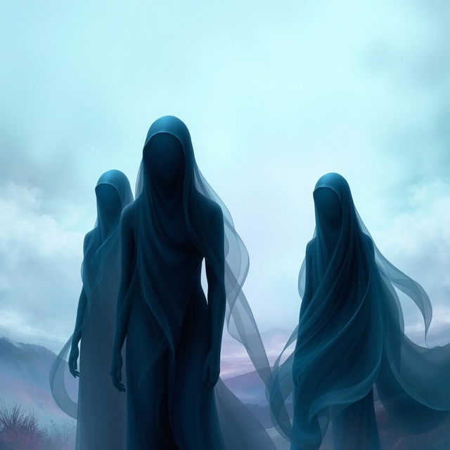 A stunning piece of digital art depicting faceless figures that embody a sense of mystery and intrigue