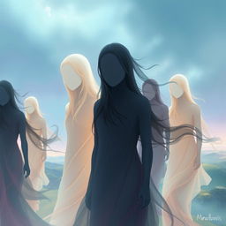 A stunning piece of digital art depicting faceless figures that embody a sense of mystery and intrigue
