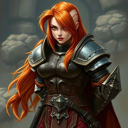 A female dwarf knight with ginger hair, wearing heavy armor that showcases her curvy figure
