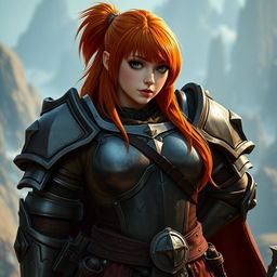 A female dwarf knight with ginger hair, wearing heavy armor that showcases her curvy figure