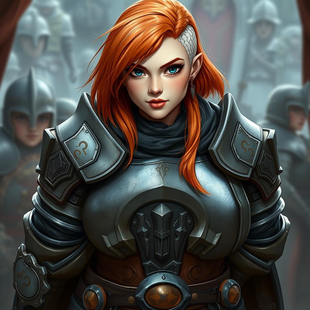 A female dwarf knight with ginger hair, wearing heavy armor that showcases her curvy figure