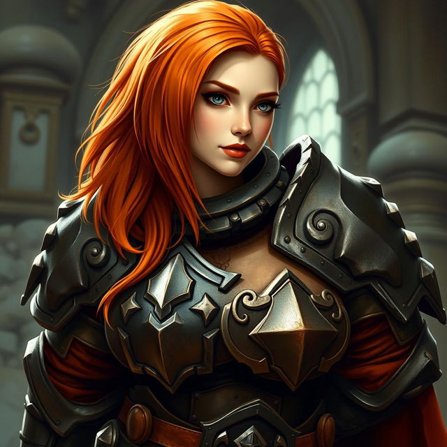 A female dwarf knight with ginger hair, wearing heavy armor that showcases her curvy figure