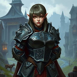 A female orc knight in heavy armor, exuding confidence and strength