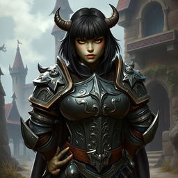 A female orc knight in heavy armor, exuding confidence and strength