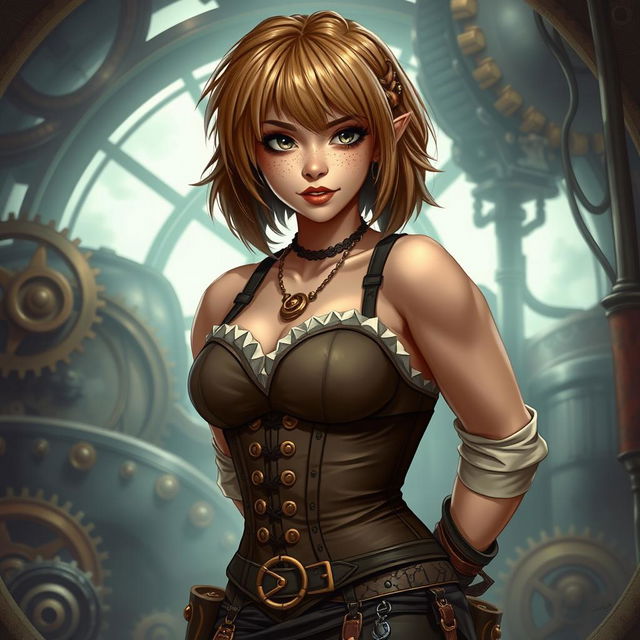 A steampunk dwarf woman with light brown hair styled in a long asymmetrical bob with heavy, blunt bangs